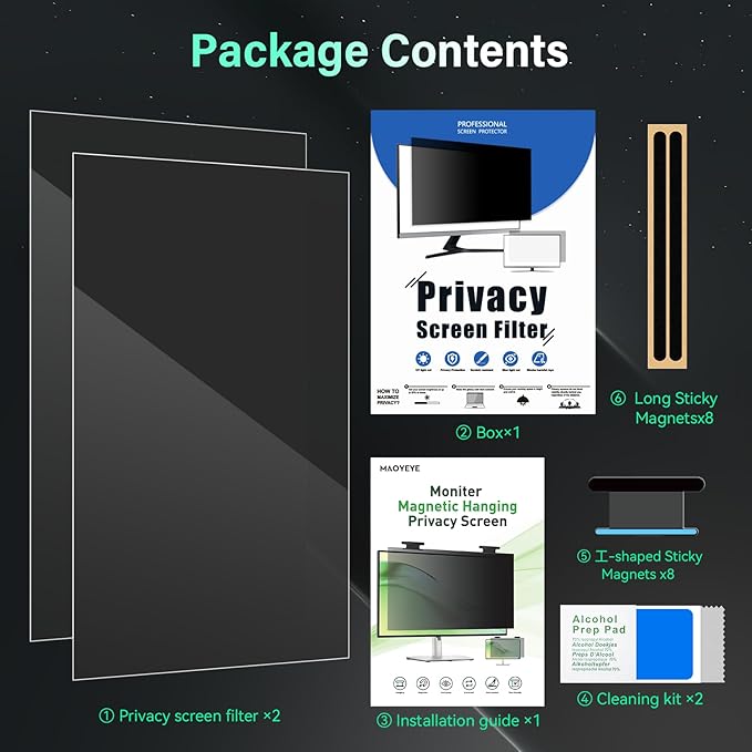 [2 Pack] Magnetic Hanging 24 Inch Computer Privacy Screen for 16:10 Aspect Ratio Widescreen Monitor, Eye Protection Anti Glare Blue Light Computer Monitor Privacy Filter, Removable 24in Protector Film