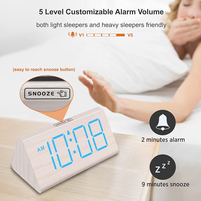DreamSky Wooden Digital Alarm Clocks for Bedrooms - Electric Desk Clock with Large Numbers, USB Port, Loud Alarm for Heavy Sleepers, Adjustable Volume, Dimmer, Snooze, DST, Wood Décor, Adapter Powered