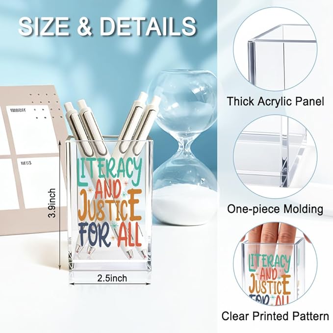 QYUVK Literacy And Justice For All Acrylic Makeup Brush Pencil Holder Cup, Social Justice Gifts for Women Sister Friend Coworker, Stop Book Banning Protect Librarian, Pen Holder for Desk Accessories