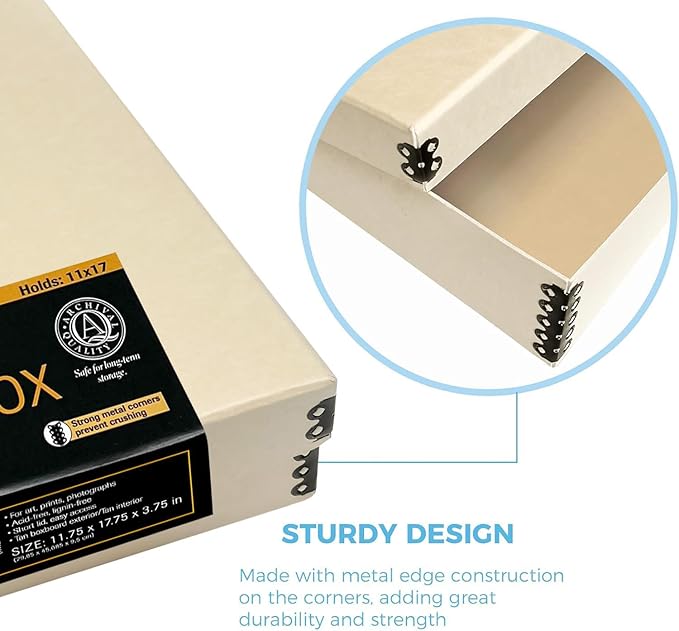 Lineco Museum Archival Storage Box, 11.75x17.75x3.75 in. Drop Front Design. Acid-Free with Metal Edge. Organize Photos, Pictures, Prints, Documents, Crafts, DIY. Tan, 1 Pack
