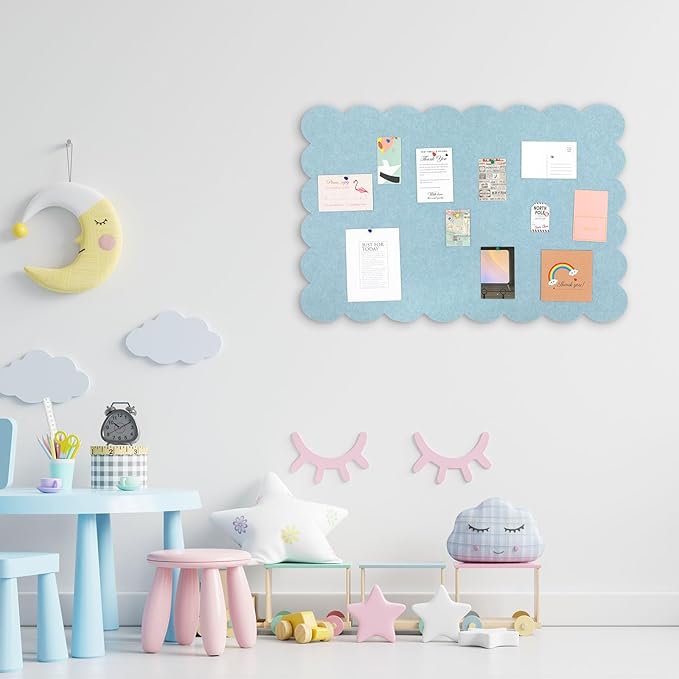 Mooliwe Scalloped Felt Bulletin Board 24 x 18 Inches Foldable Light Blue Pin Cork Board Alternative for Wall, 2' x 1.5' Trifold Picture Vision Self Adhesive Bulletin Decorative