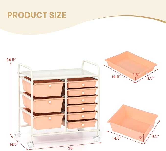 LDAILY 9 Drawer Rolling Storage Cart, Rolling Cart with Drawers for Classroom, Art Supply Craft Organizer on Wheel with Metal Frame & Handles for Home Office School