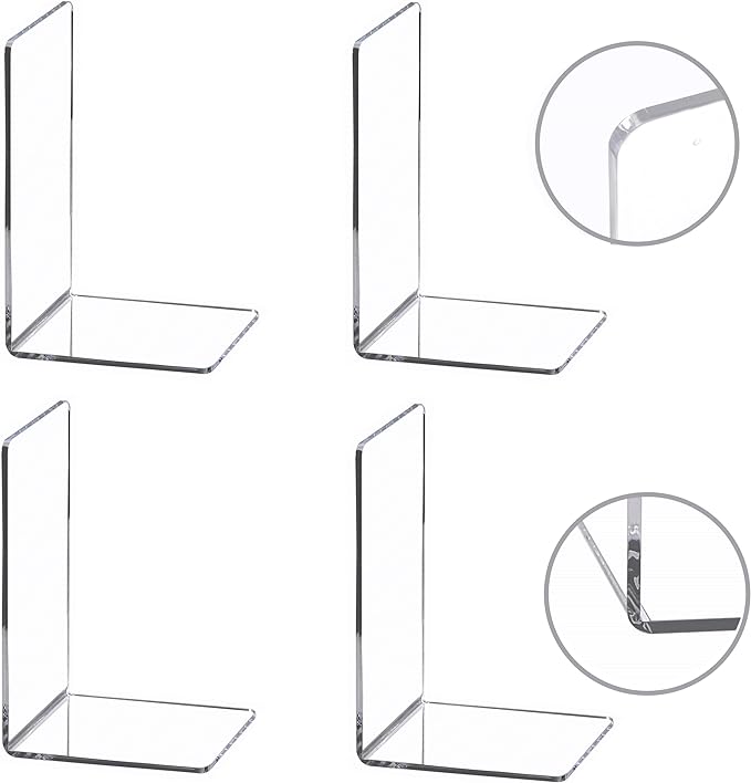 CY craft 4 Pieces Bookends,Clear Acrylic Bookends for Shelves,Heavy Duty Book Ends and Desktop Organizer,Book Stopper for Books/Movies/CDs,7.3x4.8x4.8 inch
