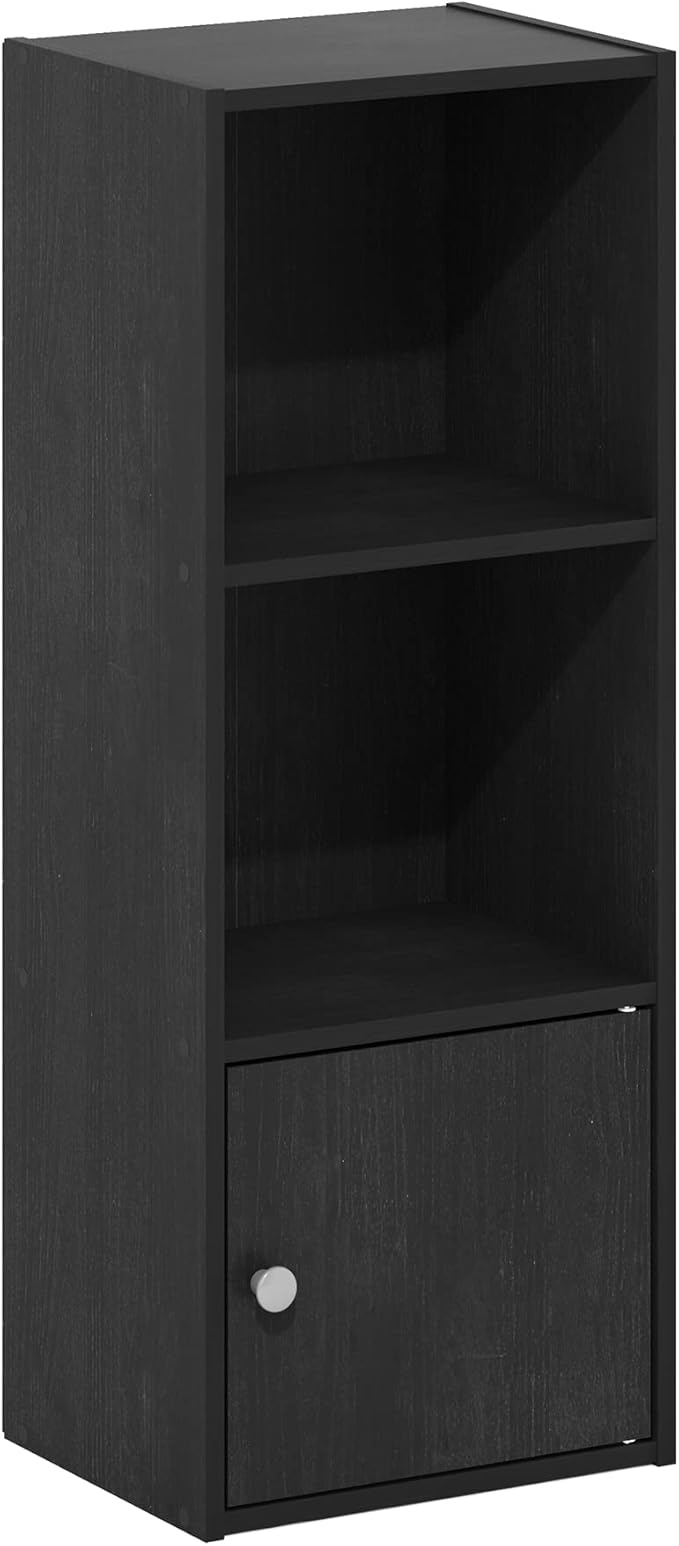 Furinno LUDER Book Shelf, 3-Tier Modern Bookshelf, Bookcase with 1 Door Storage Cabinet, 9.3 x 12 x 31.5, for Living Room, Bedroom, Home Office, Blackwood | Furinno, Luder, Shelf, Bookcase, 1 Door, Storage Cabinet