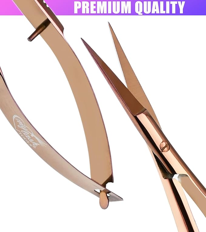 Cross Edge Spring Scissors 5 Inch straight Stainless Steel Precision Eyebrow & Eyelash Shaping & Trimming Scissor, Snips Squeeze, Embroidery, Knitting Micro Tip Craft Scissors (Rose Gold)