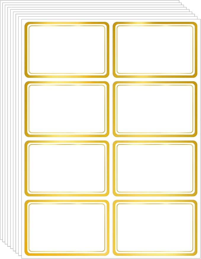 Yeachlaing 2" x 3" 200 PCS Name Labels, Waterproof Blank Name Tag Stickers with Permanent Adhesive Writable Stickers with Metallic Gold Border for School Office Home