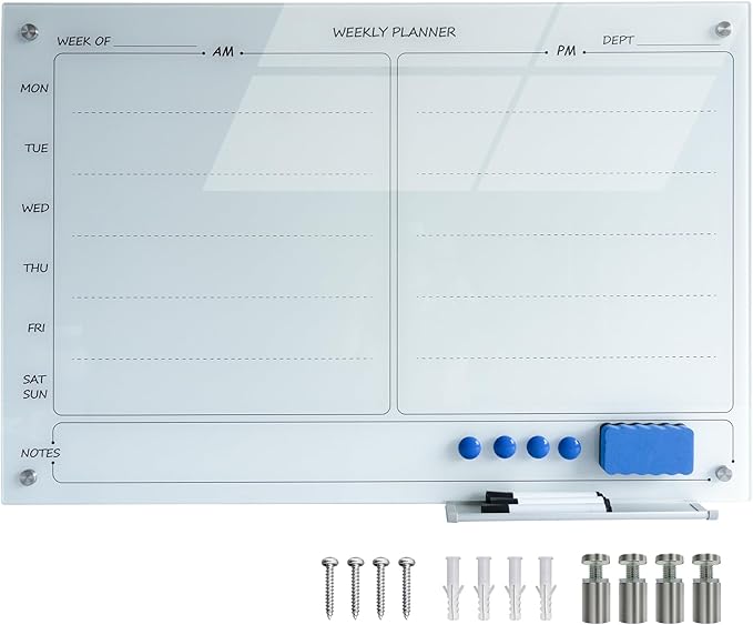 Magnetic Planner Writeboard 24"X36" Weekly Glass Calendar White Glassboard Premium Tempered Dry Erase Boards Frameless Wall Mounted (White)