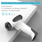 Laser Wireless Handheld Barcode Reader with Stand Bluetooth & 2.4Ghz and USB Wired 3 in 1 Working 1800mAh for Computer POS, Handheld 1D Bar Code Reader for Warehouse Library Supermarket