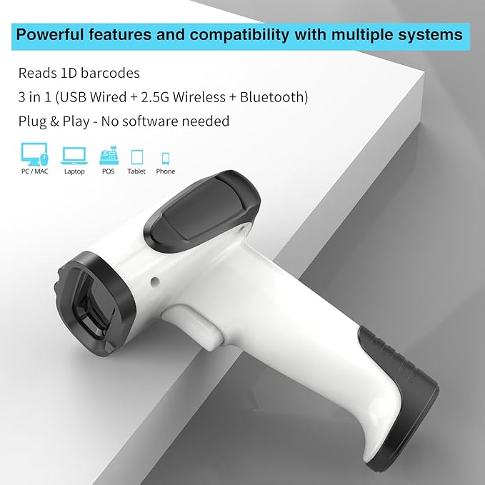 Laser Wireless Handheld Barcode Reader with Stand Bluetooth & 2.4Ghz and USB Wired 3 in 1 Working 1800mAh for Computer POS, Handheld 1D Bar Code Reader for Warehouse Library Supermarket