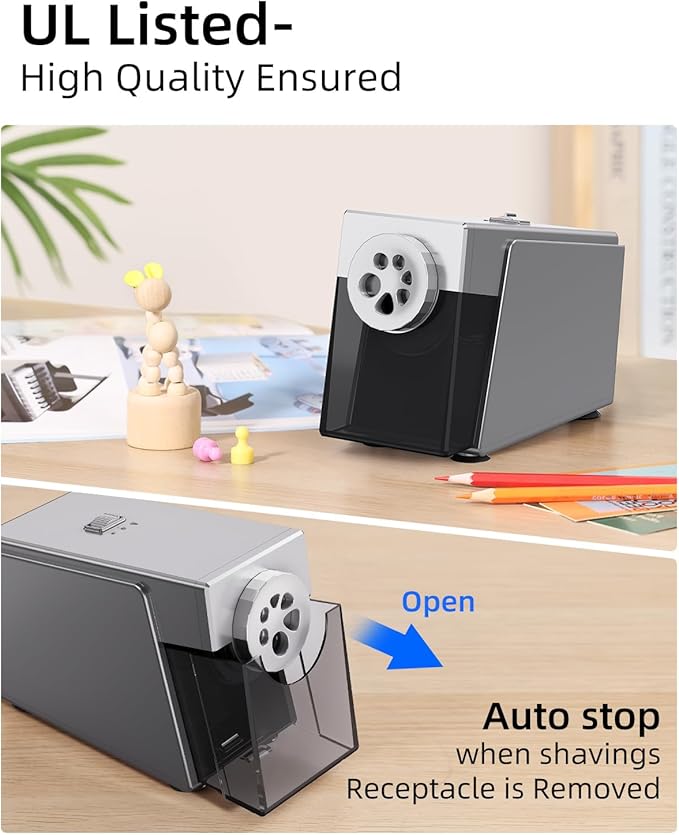 ZMOL Heavy Duty Electric Pencil Sharpener for Classroom, 6 Holes, Stronger Helical Blade, Auto Stop,Plug in, Suitable for 6-12mm No.2/Colored Pencils, Teachers,School & Home, Silver Gray