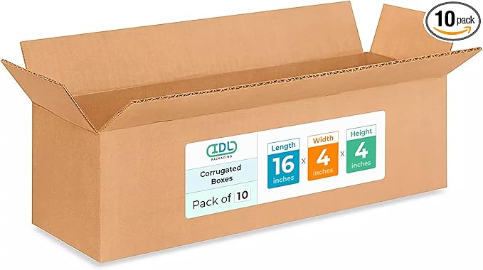 Long Moving & Shipping Boxes 16x4x4 inches (10-Pack) - Extra Strength 200 lb vs Regular - Corrugated Moving Boxes for USPS/UPS&FEDEX - Box for Packaging Moving - Packing Box by IDL Packaging