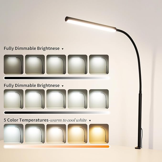 FAPEMIH LED Desk Lamp for Office Home, Adjustable Flexible Eye-Caring Desk Light with,5 Modes 10 Brightness Adjustment, USB Adapter Desk Lamp with Clamp-LK-B