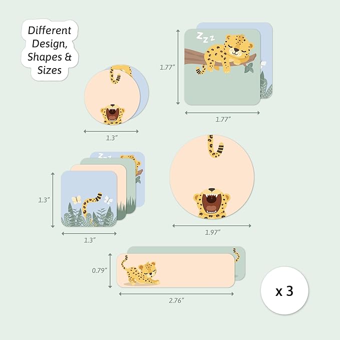 Large Name Labels for Kids (33) - Custom Stickers for Daycare and School Supplies - Durable, Waterproof Stickers for Water Bottles, Lunch Boxes, and More with Unique Designs - Leopard