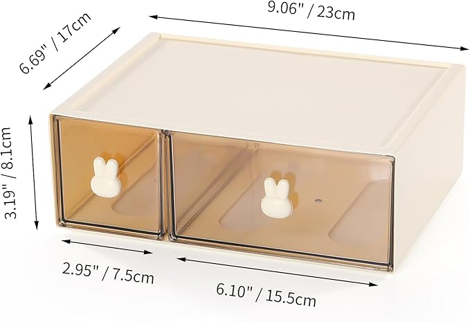 OSteed Desktop Drawers, Desk Organizer with 2 Drawers & Bunny Handles, Stackable Plastic Storage Box for Home Collection, Cosmetics, Office Supplies (1 Tall Layer, Cream & Clear)