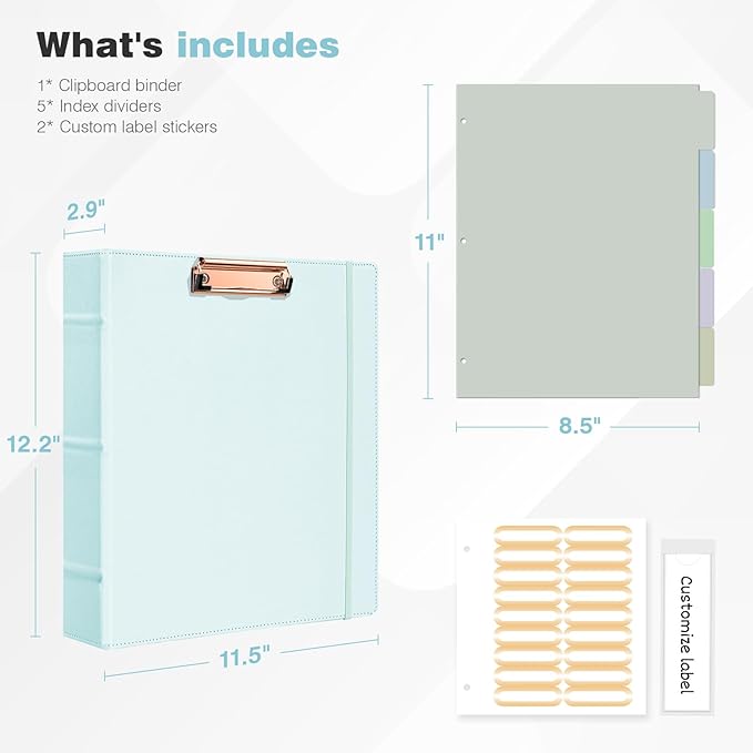 Ospelelf 2 Inch Clipboard Binder 3 Ring Leather Binder with Storage for Teacher, Professional Binders Organizer with Dividers and Tabs, Blue