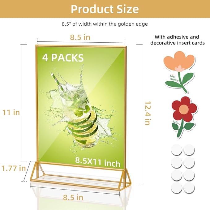PPH-Sisy Acrylic Sign Holder 8.5 x 11, Double Sided Clear Display Stand, Gold Flyer Holder 8.5 x 11 for Home Office Shop Restaurant 4 Pcs
