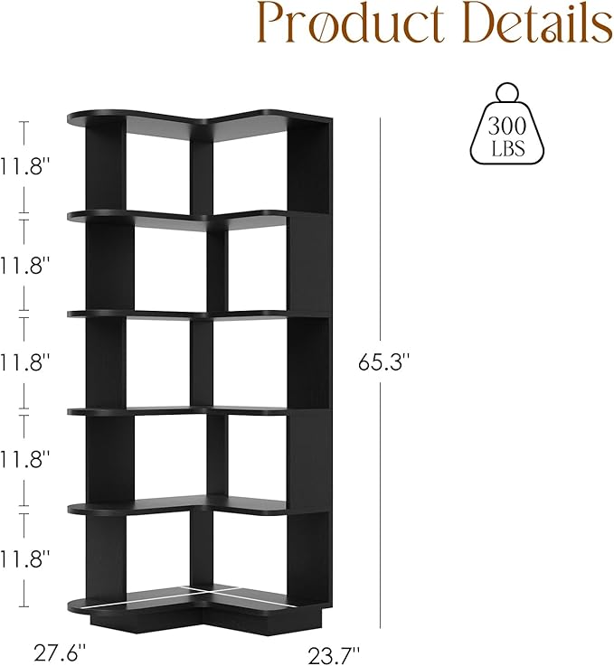 Farini 5-Tier Corner Bookshelf,L-Shaped Bookcase Freestanding Storage Shelf & Display Stand for Living Room, Office, Bedroom,Black