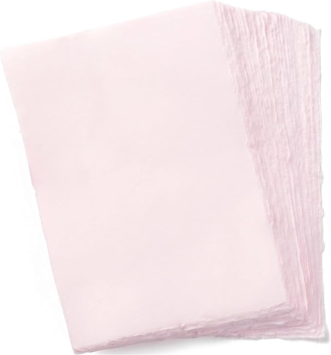 Wanderings A5 Handmade Deckled Edge Cotton Paper - Cold Pressed Texture - Paint, Watercolor, Writing, Printer - Cards, Invitations, Menus, Arts and Crafts. 50 Pack Pink 150gsm - 5.8" x 8.3"