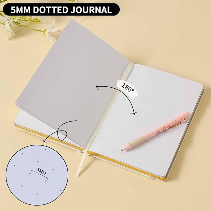 Crein Lynh Dot Grid Journal with 160GSM Thick Paper, 192 Pages, A5 Dotted Notebook for Work, School, Travel | 180° Lay Flat, Foil Stamped Cover, Elastic Band, 2 Bookmarks & Inner Pocket (White)