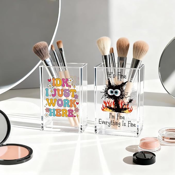 Vgrti Funny Black Cat Work 2 Pack Acrylic Cosmetic Pencil Pen Holder Cup, Cute Office Pen Holder for Desk, Funny Work Burnout Gifts for Coworker Friend, Office Sarcastic Gifts for Women Colleague Boss