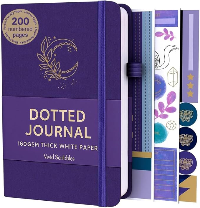 VIVID SCRIBBLES A5 Bullet DOTTED Journal – 160GSM Bleed-Proof Dotted Notebook with 200 Numbered Dot Grid Pages, Lay-Flat Hardcover with Pen Loop & Expandable Pocket (Purple Moon Design)