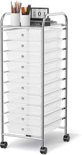 GLACER 10 Drawers Rolling Cart, Storage Cart with w/Removable Drawers & Steel Frame, Utility Mobile Trolley w/Universal Casters & 2 Brakes, Organizer Cart for Home, School, Office (Clear)