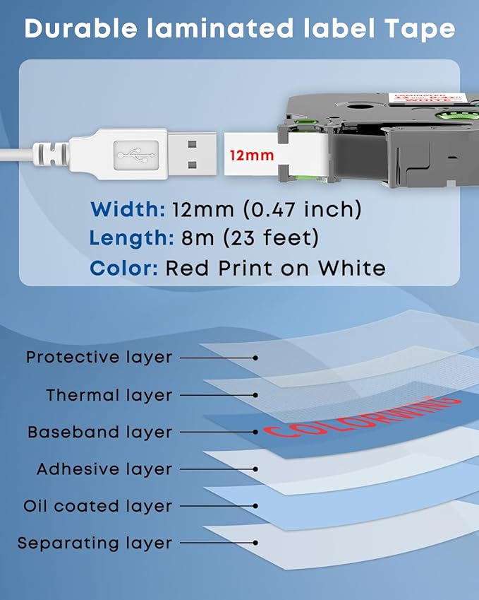 COLORWING TZe-232 Red on White Compatible with Brother P Touch Label Tape TZe232 12mm 0.47" TZ Tape Laminated for Brother Ptouch PT-D210 D220 H110 1280 D610 Refills, 5-Pack