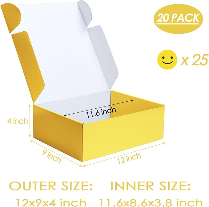 PHAREGE 12x9x4 inch Gift Shipping Boxes Bulk 20 Pack Yellow, Tab Lock Tuck Top Mailing Boxes for Packaging Small Business, Medium Cardboard Mailer Boxes for Wrapping Present
