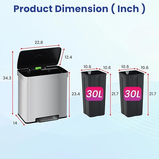 PayLessHere Dual Compartment Recycling Trash Can with Removable Buckets, 60L Stainless Steel Foot Pedal Trash Can with Soft-Close Lid for Home, Kitchen, Office, Bathroom.