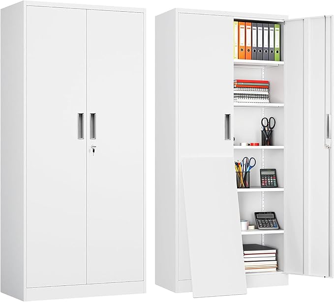 TaskStorz Steel SnapIt Cabinet, 71 Inch Metal Storage Cabinet with Locking Doors and 5 Adjustable Shelves, Garage Cabinet, Tool Cabinets for Office and Home Use (White)
