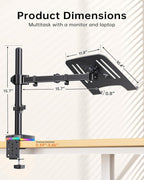 RGB Monitor and Laptop Mount Stand with 3 USB Ports, Charging and USB Data Transfer, Adjustable laptop stand for 13" to 32" Screen and 11"-17” Laptop, Holds 18lbs/Arm, 75x75/100x100 VESA, C-Clamp