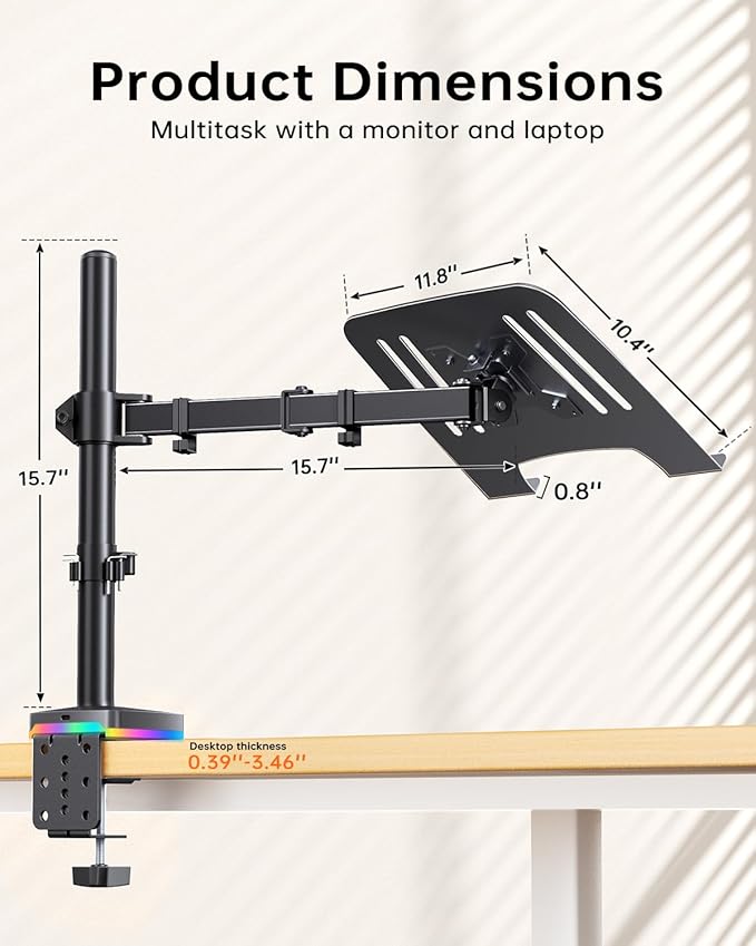 RGB Monitor and Laptop Mount Stand with 3 USB Ports, Charging and USB Data Transfer, Adjustable laptop stand for 13" to 32" Screen and 11"-17” Laptop, Holds 18lbs/Arm, 75x75/100x100 VESA, C-Clamp