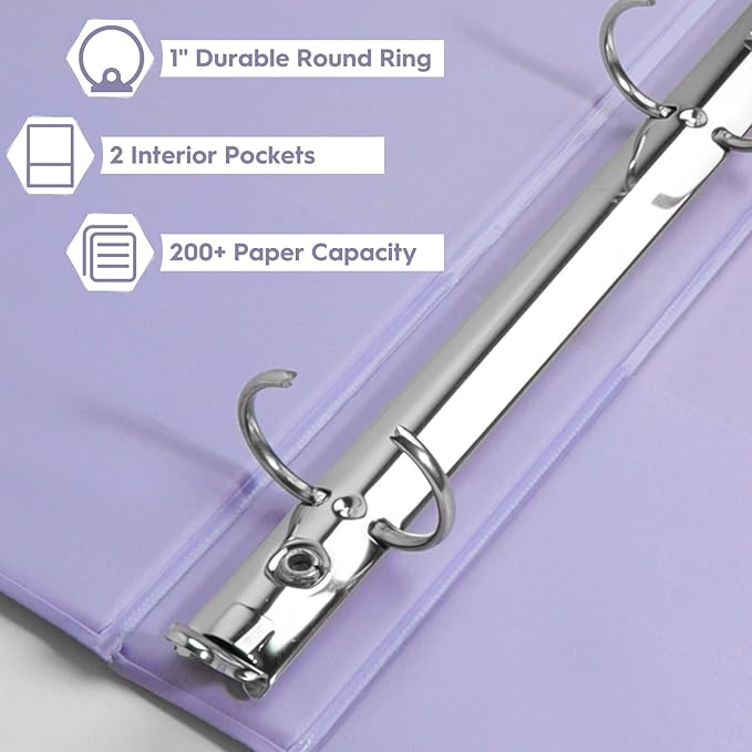 CIXILDTS 1-Inch Binders, Standard 3 Ring Binder Fit Letter Size Paper, Presentation Round Ring Binders, 6-Pack, Purple