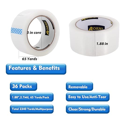 APORNI Clear Packing Tape Heavy Duty Refill Rolls Sealing Great for Packing Box Shipping and Moving Supplies Packaging 36 Rolls 1.88" x 65 Yards 3" Core 2.7 Mil Thick Adhesive
