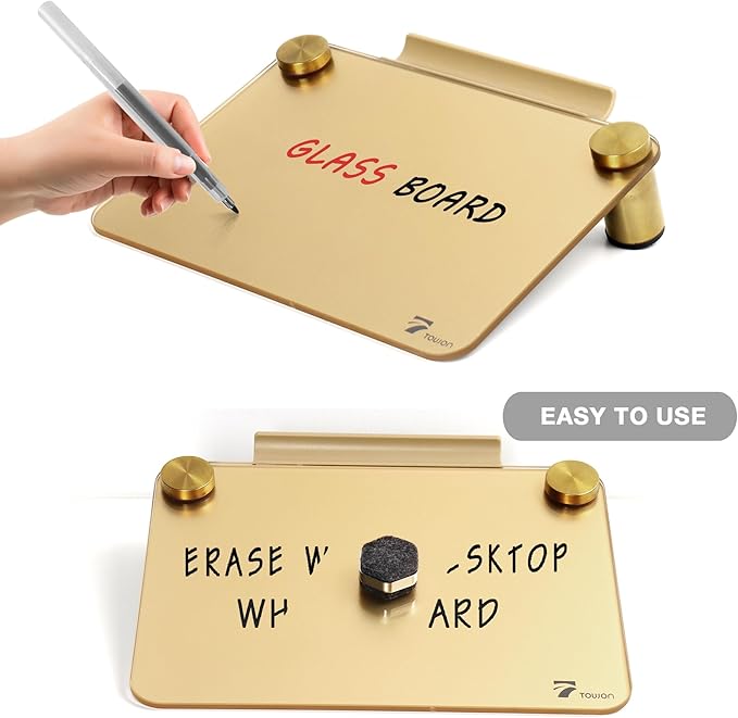Gold Metallic Glossy Mirror Small White Board with Nail Support, Mini Desktop Glass Whiteboard, Desk White Board Dry Erase with Accessories, Stenography Artifact for Office Homeschooling Décor, 8x6''