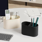 MEIBOOCH PU Leather Pen Holder for Desk, Small Remote Control Holder Pencil Cup Multifunctional Desktop Organizer Caddy for Home School Office Desk Accessories - 2 Compartments (Black)