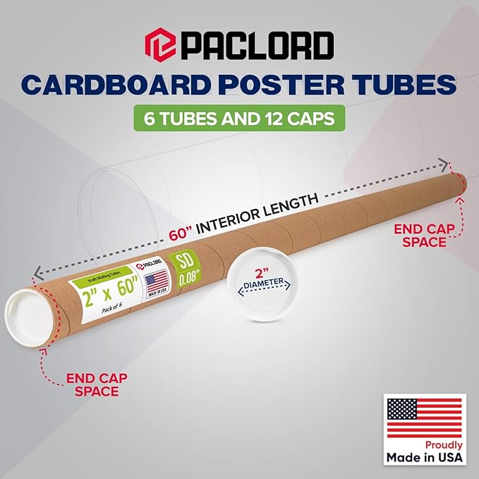 Paclord 2" x 60" Reinforced Kraft Paper Mailing Tube, Pack of 6 Tubes with 12 Caps – Secure USPS Approved Poster Tube – Cardboard Tube for Shipping and Storing Posters, Prints, Artwork, or Documents