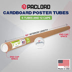 Paclord 2" x 60" Reinforced Kraft Paper Mailing Tube, Pack of 6 Tubes with 12 Caps – Secure USPS Approved Poster Tube – Cardboard Tube for Shipping and Storing Posters, Prints, Artwork, or Documents