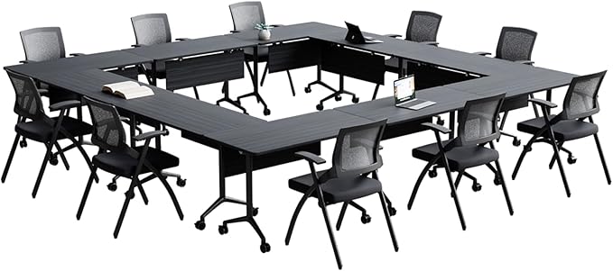 Goakwwuz Conference Room Table, Folding Conference Tables,Thicken Grey Tabletop,Flip Top Wooden Seminar Meeting Room Table for Conference Room Offices (8, BlackWoodGrain, 55.1”)