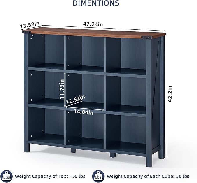 Joaxswe 9 Cube Bookcase, Farmhouse 47 Inch Wide Navy Blue Bookshelf, Wooden 3 Tier Display Large Open Book Shelf, Vintage Horizontal Book Case for Home Office, Cubby Storage Cabinet for Living Room