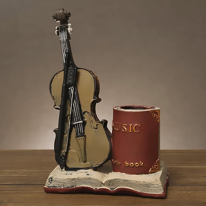 Jaugufiy Resin Violin Sculpture Pen Holder Pencil Holder Pen Organizer Cosmetic Brush Holder Decorative Pen Box Pen Pot Makeup Brush Pot (Red)