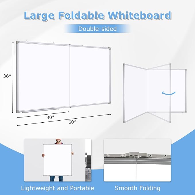DOLLAR BOSS Large White Board 60 x 36 Inch Foldable Magnetic Whiteboard for Wall, Portable Double Sided Dry Erase Board, Aluminum Frame Message Board for School, Office, Classroom with Eraser, Markers