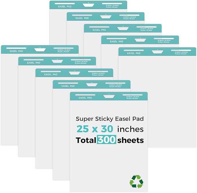 FAHKNS Sticky Easel Pad，Large 25x30 Inch Self-Adhesive Teacher'S Flip Chart Paper, Easel Pad with Dry Erase Surface for Classroom/Office, White, 30 Sheets/Pad, 10Pads/Pack, 300 Sheets