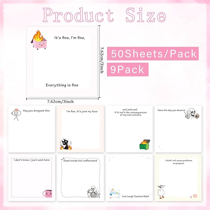 Lovarywow Funny Sticky Notes Gifts - 9 Pack Funny Sticky Notes 3x3 Inch Funny Office Gifts for Coworkers Everything is Fine Post Notes Work Gag Self-Stick Memo Pad Office School Supplies 450 Sheets