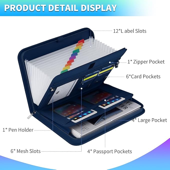 Fireproof & Waterproof Accordion File Organizer – Fireproof File Folder with Handle, 13-Pocket Expanding Paperwork Organizer for A4/Letter Documents, Travel File Storage (Blue)