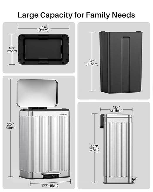 Lovewind 60 Liter/ 16 Gallon Stainless Steel Trash Can with Soft-Close Lid, Large Footstep Garbage Can with Roman Texture, Removable Inner Buckets, Recycling Bin for Kitchen Office, Silver