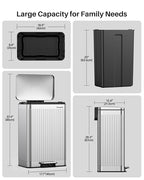 Lovewind 60 Liter/ 16 Gallon Stainless Steel Trash Can with Soft-Close Lid, Large Footstep Garbage Can with Roman Texture, Removable Inner Buckets, Recycling Bin for Kitchen Office, Silver