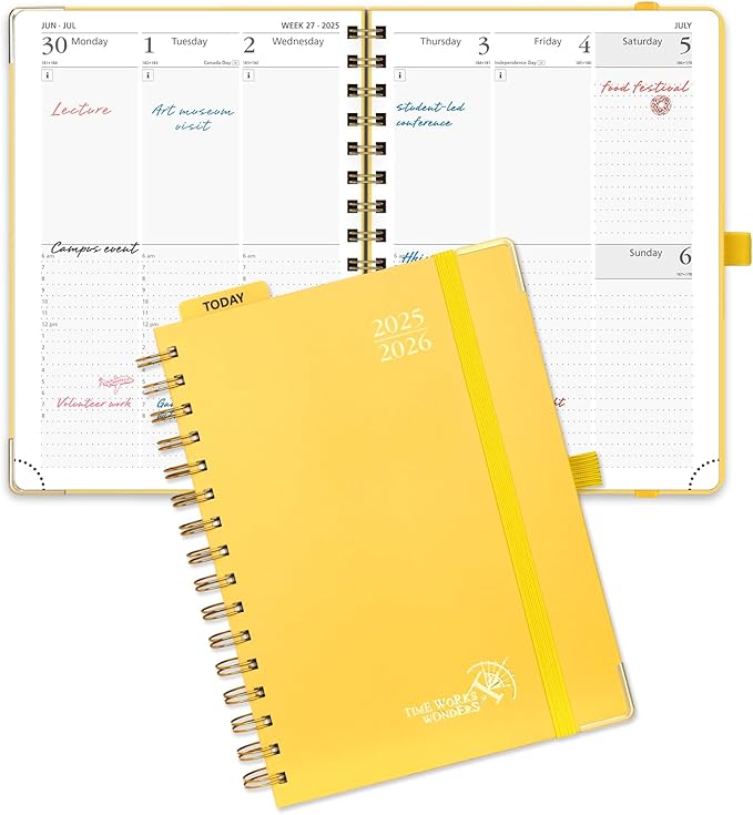 POPRUN Academic Planner 2025-2026 (July 2025-June 2026), Daily Weekly and Monthly Appointment Book (Wirebound Hard Cover - 6.25'' x 8.5'') with Hourly Time Slots, Tabs, 100 GSM - Light Yellow