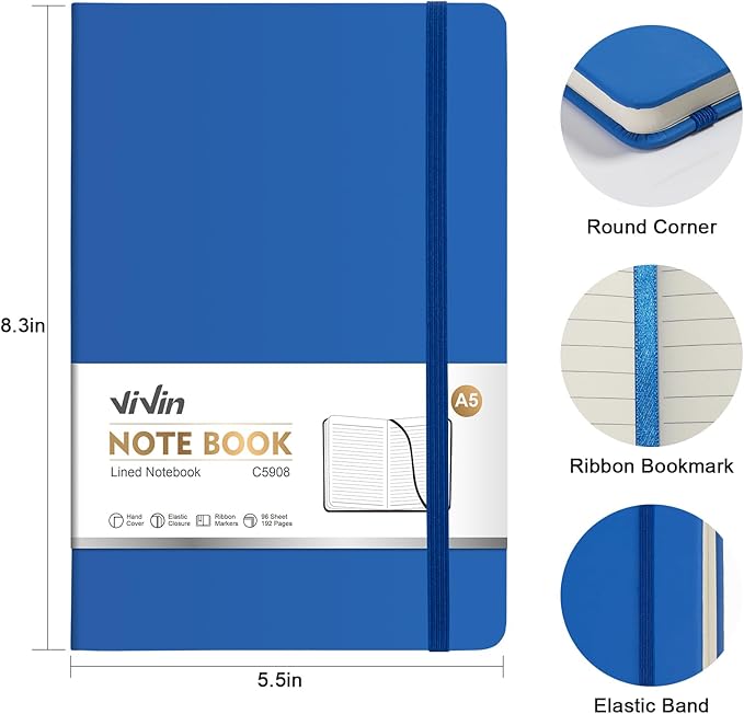 ViVin Lined Journal Notebooks for Work, 192 Pages, Medium 5.5 x 8.3 inch, College Ruled, A5 Hardcover Journaling Notebooks for Writing, 8 Pack Bulk,Multi Colored Series