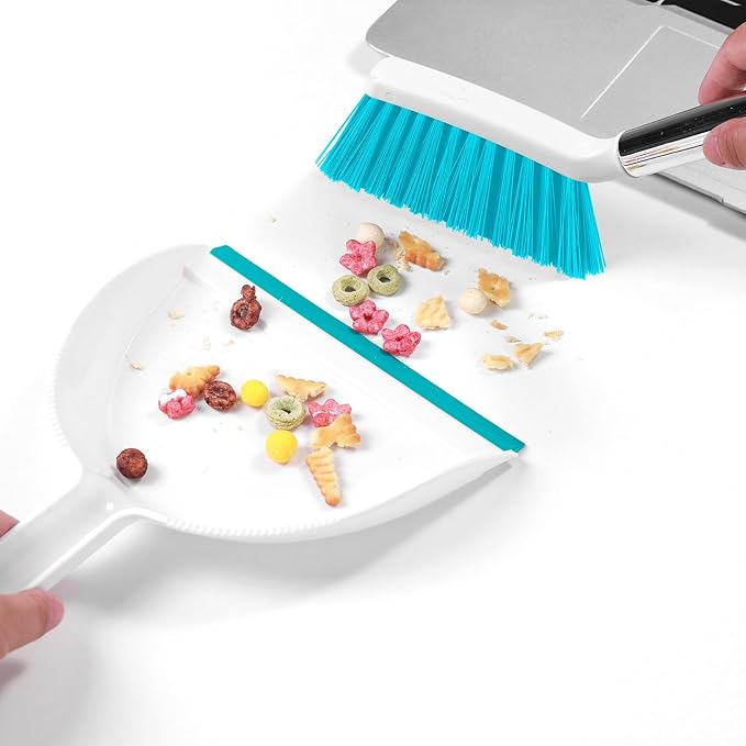 NACENA Mini Broom and Dustpan Set, Small Dust Pan and Brush Set with Handle Dustpan Teeth for Cleaning Hair Suitable for Office Desks Drawers Sofa Outdoor Camping, Light & Blue